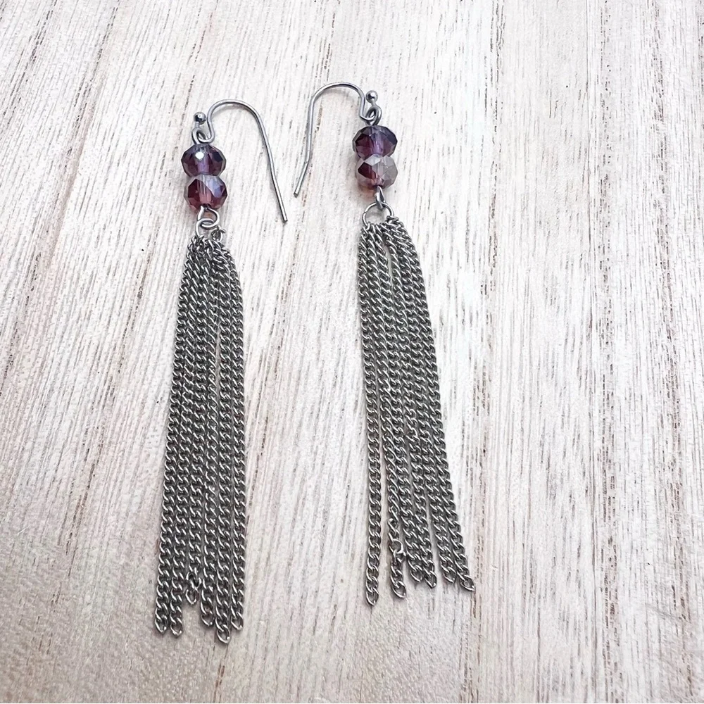 Purple beaded silver chain fringe dangle drop dramatic earrings